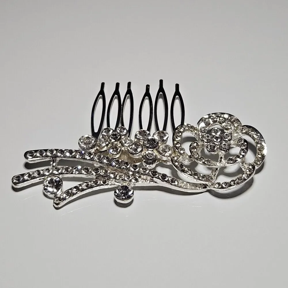 Simulated Clear Crystal Flower Hair Comb Wedding Prom Silver Tone